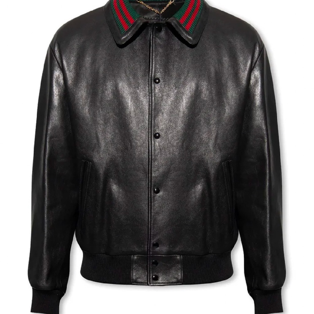 Gucci Web Striped Detail Leather Bomber Jacket